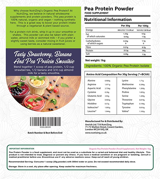 Award Winning Vegan Pea Protein Powder 1kg Pouch | Organic & Pure - No Soy, No Gluten - Keto & Paleo | Made in UK by NutriZing