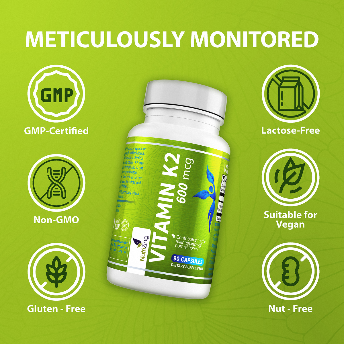 Vegan Vitamin K2 MK-7 600mcg | 90 Capsules | Supports Maintenance of Normal Bones | Made in UK by NutriZing