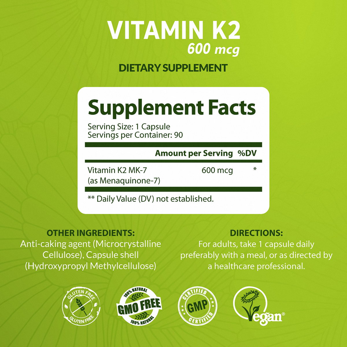Vegan Vitamin K2 MK-7 600mcg | 90 Capsules | Supports Maintenance of Normal Bones | Made in UK by NutriZing