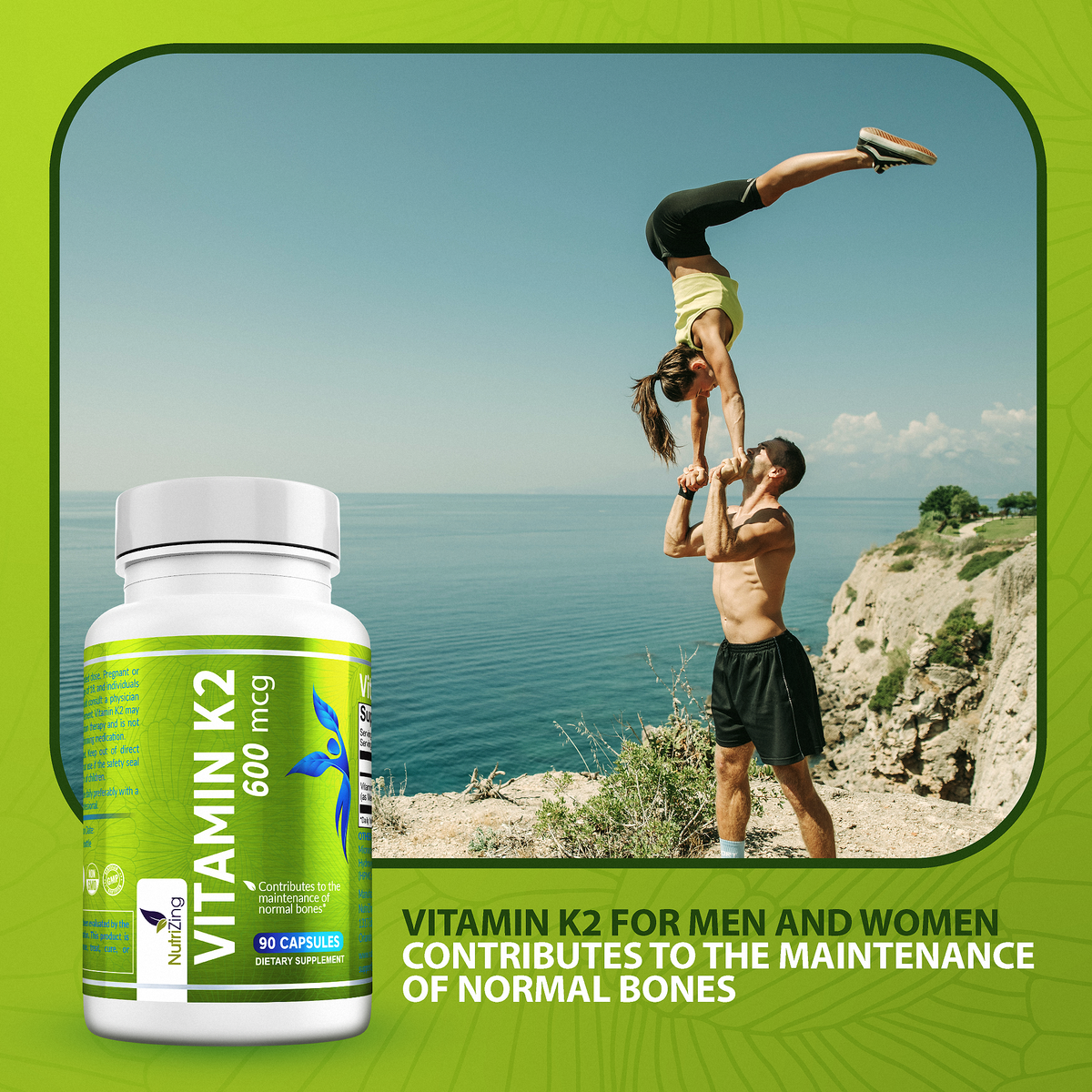 Vegan Vitamin K2 MK-7 600mcg | 90 Capsules | Supports Maintenance of Normal Bones | Made in UK by NutriZing